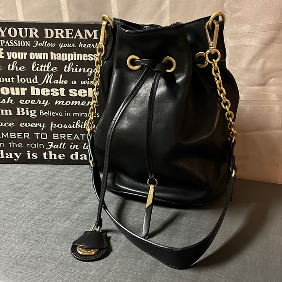 Tahari Handbags - Tahari Black Draw String Leather Bucket Bag